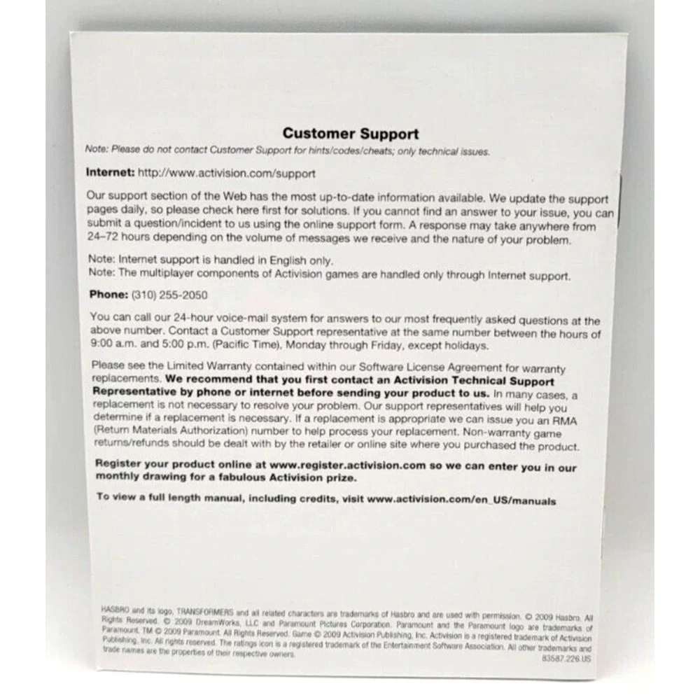Transformers Revenge of the Fallen PS3 PlayStation 3 Instruction Manual‎ Only